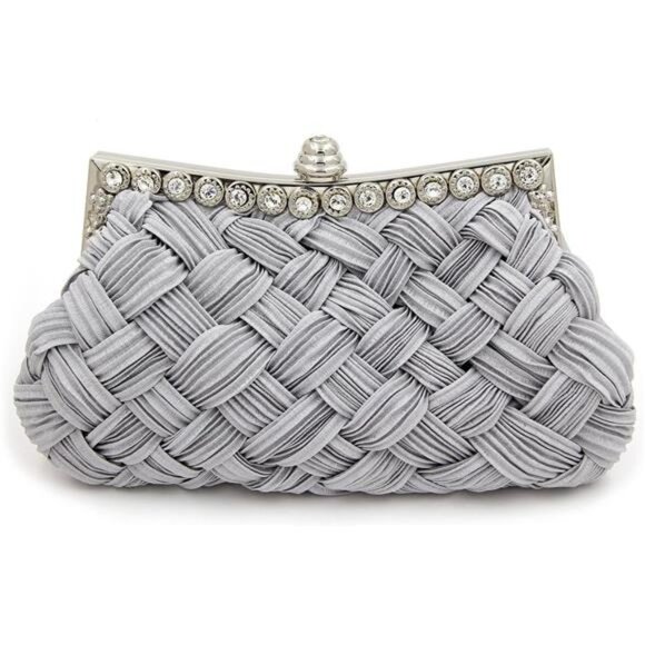 Handbags - Elegant Braided Pleated Glitter Rhinestone Clutch Grey